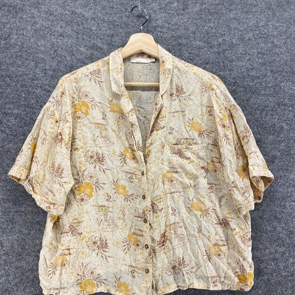 5/$45 Prana Shirt Women L Large Beige Floral Button Up Collared Short Sleeve - Picture 3 of 8